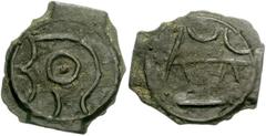 CELTIC BRITAIN, Uninscribed. Potin 17mm (1.93 g). Profile head left / Bull butting right; two crescents above. Hobbs 674-85. Good VF, black patina. From the Garth R. Drewry Collection.