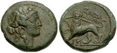 LYDIA, Sardes. Late 2nd-mid 1st century BC. Æ 17mm (4.71 g). Wreathed head of young Dionysos right / Panther standing left, spear in mouth; monograms. SNG Copenhagen 465 var. (no monogram to left); SN