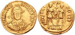 Anthemius. AD 467-472. AV Solidus (22mm, 4.38 g). Mediolanum (Milan) mint. Diademed, helmeted, and cuirassed bust facing slightly right, holding spear and shield / Anthemiuis and Leo standing facing, 