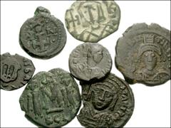 Lot of seven attractive Byzantine Æ. Justin II. Æ 5 Nummi. Ravenna mint. SB 416 // Maurice Tiberius. Æ 20 Nummi. Constantinople? SB 497, (see note) // Same. Æ 10 Nummi. Carthage mint. SB 564 // Tiberi