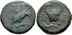 Greek SICILY, Akragas. Circa 410-406 BC. Æ Tetras – Trionkion (21mm, 12.43 g, 7h). Eagle, wings spread, standing right on, and tearing at, dead hare / Crab; below, three pellets (mark of value) above 