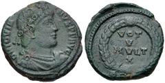 Roman Imperial Jovian. AD 363-364. Æ (21mm, 5.72 g, 6h). Sirmium mint, 2nd officina. Pearl-diademed, draped, and cuirassed bust right / VOT/ V/ MVLT/ X in four lines within wreath; BS[IRM]. RIC VIII 1