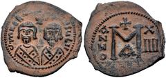 Byzantine Revolt of the Heraclii. 608-610. Æ Follis – 40 Nummi (30.4mm, 9.77 g, 6h). Alexandria mint, 1st officina. Dated IY 14 (610). Facing busts of Heraclius, on left, and his father, the exarch He