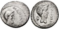 Mark Antony, with Divus Julius Caesar. 43 BC. AR Denarius (19mm, 3.46 g). Military mint traveling with Antony in Cisalpine Gaul. Bare head of Mark Antony right; lituus behind / Bare head of Julius Cae