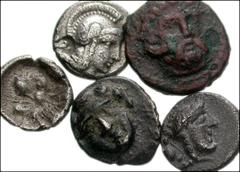 Lot of five Greek AR Fractions from Pamphylia and Pisidia. Pamphylia, Aspendos. AR Obol. Gorgoneion / Helmeted head of Athena; countermark: eagle. SNG Copenhagen 250 // Pisidia, Selge. AR Obol. Gorgon