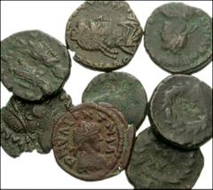 Lot of eight small Æ of Valentinian III. AD 423-425. AD 425-455. Types as follows: VOT XX in wreath (3 examples), Victory walking left (3 examples); Two Victories holding wreath (1 example), Emperor s