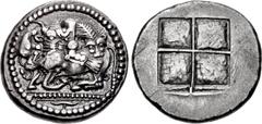 Greek MACEDON, Akanthos. Circa 480-470 BC. AR Tetradrachm (27.5mm, 17.14 g). Attic standard. Lioness right, biting into the hindquarter of a bull crouching left, with head right; floral ornament in ex