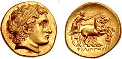 Greek KINGS of MACEDON. Philip III Arrhidaios. 323-317 BC. AV Stater (18mm, 8.54 g, 12h). In the types of Philip II. Kolophon mint. Struck under Menander or Kleitos, circa 322-319 BC. Head of Apollo r