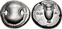 Greek BOEOTIA, Thebes. Circa 379-368 BC. AR Stater (20mm, 12.23 g). Onas-, magistrate. Boeotian shield / Amphora; ON-A[Σ] across field; all within concave circle. Hepworth 79; BCD Boiotia 520; HGC 4, 