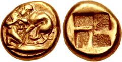 Greek MYSIA, Kyzikos. Circa 450-330 BC. EL Hekte – Sixth Stater (10mm, 2.64 g). Herakles kneeling right, strangling the Nemean Lion; below, tunny left / Quadripartite incuse square. Von Fritze I 161; 