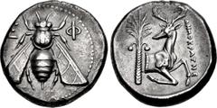 Greek IONIA, Ephesos. Circa 390-325 BC. AR Tetradrachm (23mm, 14.85 g, 11h). Demokrates, magistrate. Struck circa 350-340 BC. Bee with straight wings / Forepart of stag right, head left; palm tree to 