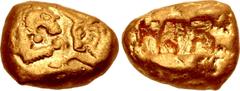 Greek KINGS of LYDIA. Kroisos. Circa 564/53-550/39 BC. AV Stater (16.5mm, 10.77 g). Heavy standard. Sardes mint. Prototype issue. Confronted foreparts of lion, with "sun" on forehead, and bull / Two i