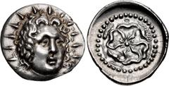 Greek ISLANDS off CARIA, Rhodos. Rhodes. Circa 88/42 BC-AD 14. AR Drachm (20.5mm, 4.03 g). Attic standard. Radiate head of Helios facing slightly left / Rose seen from above; grain ear above, palm fro