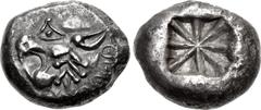 Greek LYCIA, Uncertain. Circa 520-470/60 BC. AR Stater (19mm, 9.01 g). Head of lion left / Incuse square with lines radiating from center. Müseler I, 3; Falghera Appendix Type B var. (head right); SNG