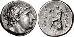 Greek SELEUKID EMPIRE. Antiochos II Theos. 261-246 BC. AR Tetradrachm (28mm, 17.03 g, 12h). Istros mint. Diademed head of Antiochos I right / Apollo Delphios, testing arrow and placing hand on grounde