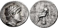Greek SELEUKID EMPIRE. Antiochos Hierax. Circa 242-227 BC. AR Tetradrachm (27.5mm, 17.04 g, 12h). Smyrna or Sardes mint(?). Diademed head right / BAΣIΛEΩΣ AИTI-OXOY (sic), Apollo Delphios, nude, seate