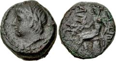 Greek SELEUKID EMPIRE. Antiochos III 'the Great'. 222-187 BC. Æ (13mm, 2.43 g, 12h). Uncertain western mint. Laureate head of Apollo left / Apollo Delphios, testing arrow in right hand, resting left h