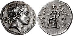 Greek SELEUKID EMPIRE. Antiochos IV Epiphanes. 175-164 BC. AR Tetradrachm (27mm, 17.08 g, 12h). Antioch in Persis mint. Diademed head right / BAΣIΛEΩΣ ANTIOXOY, Apollo Delphios, nude, seated left on o
