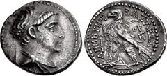 Greek SELEUKID EMPIRE. Demetrios II Nikator. First reign, 146-138 BC. AR Didrachm (22mm, 6.87 g, 12h). Phoenician standard. Tyre mint. Dated SE 170 (143/2 BC). Diademed and draped bust right / Eagle s