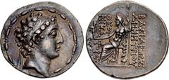 Greek SELEUKID EMPIRE. Demetrios II Nikator. Second reign, 129-125 BC. AR Tetradrachm (31mm, 16.37 g, 12h). Tarsos mint, "Royal workshop". Diademed and horned head right within fillet border / BAΣIΛEΩ