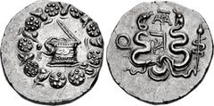 Roman Provincial MYSIA, Pergamum(?). L. Sempronius Atratinus. Quaestor, circa 42-39 BC. AR Cistophorus (26mm, 12.27 g, 11h). Cista mystica with serpent; all within ivy wreath / Two serpents entwined a