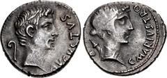 Roman Imperial Augustus. 27 BC-AD 14. AR Denarius (18mm, 3.91 g, 8h). Rome mint; C. Marius C.f. Tro(mentina tribu), tresvir monetalis. Struck 13 BC. Bare head of Augustus right; AVGVSTVS before; behin