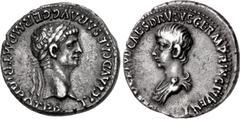 Roman Imperial Claudius, with Nero as Caesar. AD 41-54. AR Denarius (18mm, 3.57 g, 3h). Lugdunum (Lyon) mint. Struck AD 51. TI CLAVD • CAESAR • AVG • GERM • P M • TRIB POT • P P, laureate head of Clau
