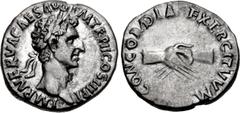 Roman Imperial Nerva. AD 96-98. AR Denarius (17.5mm, 3.37 g, 6h). Rome mint. Struck AD 97. Laureate head right / Clasped right hands. RIC II 26; RSC 22. Near EF, trace of deposit near neck, a hint of 