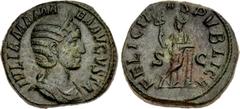 Roman Imperial Julia Mamaea. Augusta, AD 222-235. Æ Sestertius (31mm, 25.60 g, 12h). Rome mint. 9th emission of Severus Alexander, AD 228. Draped bust right, wearing stephane / Felicitas standing left