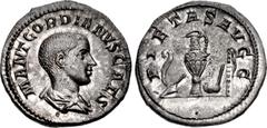 Roman Imperial Gordian III. As Caesar, AD 238. AR Denarius (19mm, 3.11 g, 12h). Rome mint. 1st emission of Balbinus & Pupienus. Bareheaded and draped bust right / Emblems of the pontificate: lituus, s