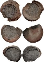 The Gasvoda Collection of Coin Dies and Counterfeiting Implements ROMAN IMPERIAL, Counterfeiters' Molds. temp. Maximinus II. Caesar AD 305-309; Augustus, AD 310-313. Group of three (3) terracotta coun