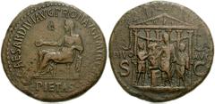 Gaius (Caligula). AD 37-41. Æ Sestertius (35mm, 27.83 g). Rome mint. Struck AD 39-40. Pietas, veiled, seated left, holding patera and resting elbow resting on small statue / Gaius, veiled, sacrificing