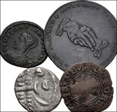 Large Lots MIXED. Roman Imperial to British. Lot of four (4) coins. Includes: ROMAN IMPERIAL. Constantine II. Æ Follis // BRITISH. Celtic. AR Stater //Scotland. James III. Æ Penny. Bishop Kennedy issu