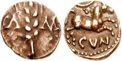CELTIC, Britain. Trinovantes & Catuvellauni. Cunobelin. Circa AD 10-43. AV 1/4 Stater (1.31 g, 2h). Wild type. Struck circa AD 10-20. Grain ear; CA-MV flanking / Celticized horse right; branch above. 