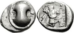 BOEOTIA, Thebes. Circa 450-425 BC. AR Stater (12.02 g). Boeotian shield / Dionysos, wearing short chiton and himation flowing behind, running-dancing right, head turned left, holding thyrsos in right 
