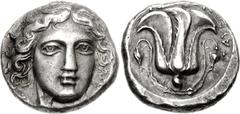 ISLANDS off CARIA, Rhodos. Rhodes. Circa 408/7-404 BC. AR Tetradrachm (15.04 g, 1h). Reverse die signed by Tauro-. Head of Helios facing slightly right / Rose with buds to left and right; TAYPO to upp