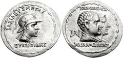 BAKTRIA, Greco-Baktrian Kingdom. Eukratides I. Circa 171-145 BC. AR Tetradrachm (16.51 g, 12h). BASILEUS MEGAS EUKRATIDHS, diademed and draped bust right, wearing helmet adorned with bull's horn and e