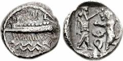 PHOENICIA, Sidon. Abdashtart I. Circa 365-352 BC. AR 1/16 Shekel (0.68 g, 11h). Dated RY 3 (362/1 BC). Phoenician pentekonter left on waves; date above / Persian king or hero standing right, fighting 