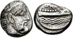 PHOENICIA, Arados. Circa 348/7-339/8 BC. AR Stater (10.13 g, 9h). Laurate head of male deity (Baal-Arvad or Melkart) right / Phoenician pentekonter right on waves; [figure at prow]; “MAO” in Phoenicia