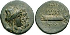 PHOENICIA, Sidon. Autonomous issues. Æ 20mm (6.74 g, 12h). Dated CY 34 (78/7 BC). Conjoined veiled head of Tyche, wearing mural crown, and Zeus right / Phoenician pentekonter left; date above, “LTsDNM