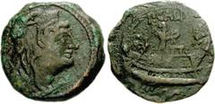 P. Calpurnius. 133 BC. Æ Quadrans (4.72 g, 12h). Rome mint. Head of Hercules right, wearing lion skin; [behind, •••] / Victory standing right on quinquereme with ROMA on its hull, gubernator at stern;