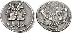 C. Fonteius. 114-113 BC. AR Denarius (4.00 g, 10h). Rome mint. Laureate janiform head of the Dioscuri, stars at neck on either side; ••••• below / Quinquereme left with three soldiers,gubernator at st