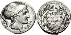 Q. Lutatius Cerco. 109-108 BC. AR Denarius (3.88 g, 9h). Rome mint. Helmeted head of Roma right / Galley right with head of Roma on prow, gubernator at stern, all within oak wreath. Crawford 305/1; Sy