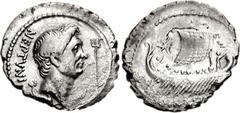Sextus Pompey. 44-43 BC. AR Denarius (3.19 g, 1h). Massilia mint. Q. Nasidius, praefectus classis. Head of Pompey the Great right; below, dolphin right, to left, / Galley with six oarsmen under sail r