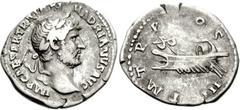 Hadrian. AD 117-138. AR Denarius (3.29 g, 7h). Struck circa AD 119-125. Laureate head right / Galley left. RIC II 113; RSC 1174. Fine, toned. From the Alexandre de Barros Ship Collection. ANCIENT MARI