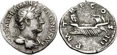 Hadrian. AD 117-138. AR Denarius (3.22 g, 6h). Struck circa AD 119-125. Laureate and draped bust right / Galley left. RIC II 113 var. (bust type); RSC 1174b. Near VF, toned. From the Alexandre de Barr