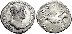 Hadrian. AD 117-138. AR Denarius (3.36 g, 6h). Struck circa AD 119-125. Laureate and draped bust right / Galley left. RIC II 113 var. (bust type); RSC 1174b. Near VF, toned. From the Alexandre de Barr