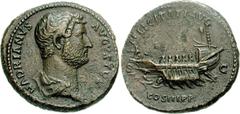 Hadrian. AD 117-138. Æ As (12.26 g, 7h). Struck circa AD 132-135. Bare-headed and draped bust right / Galley with five oarsmen left, hortator at stern. RIC II 719c. VF, brown surfaces, areas of minor 
