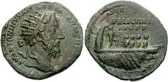 Marcus Aurelius. AD 161-180. Æ Dupondius (11.02 g, 6h). Struck AD 177. Radiate head right / Galley with four oarsmen left, hortator at stern; at stern, Neptune standing left, foot on rock, holding tri