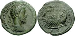 Marcus Aurelius. AD 161-180. Æ As (10.74 g, 5h). Struck AD 177. Laureate, draped and cuirassed bust right / Galley with four oarsmen left, hortator at stern; at stern, Neptune standing left, foot on r